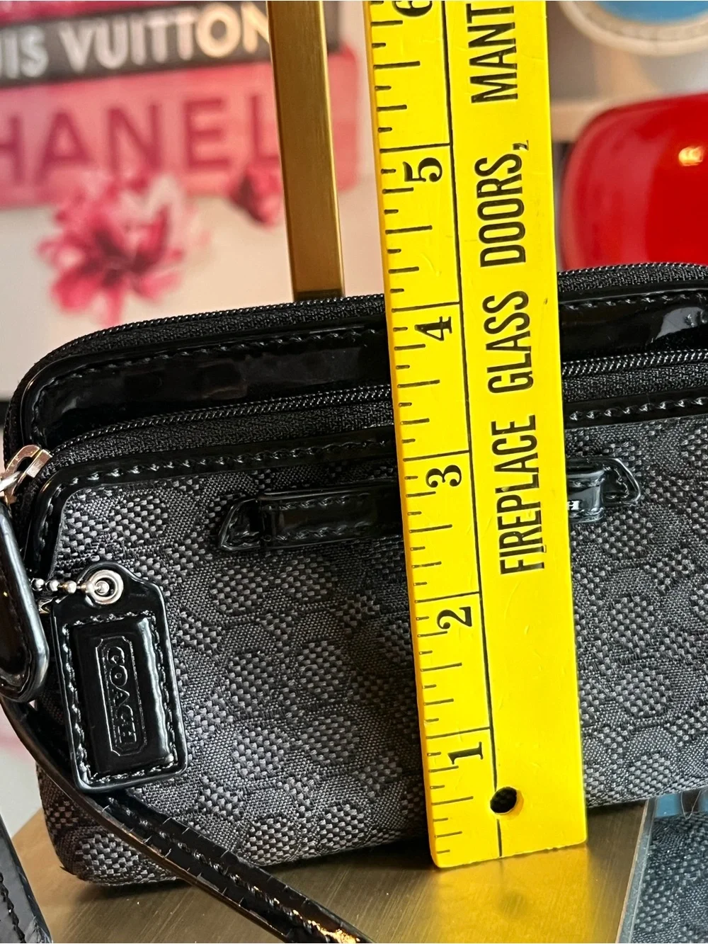 Coach Black Signature with Patent Trim double zipper wristlet